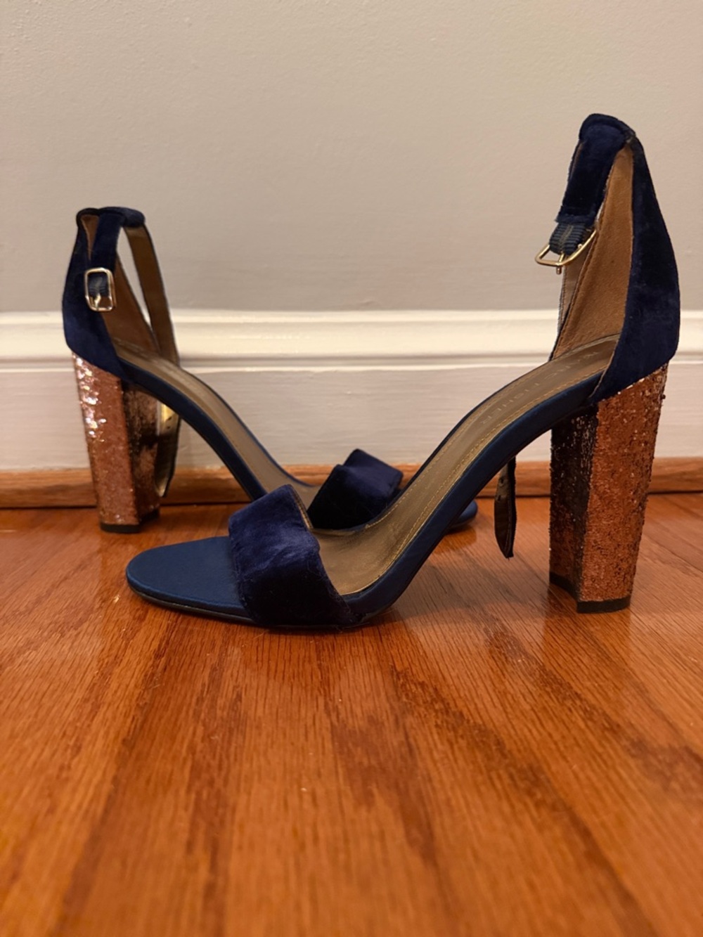 Marc Fisher Navy Velvet Ankle-Strap Block Heels with Rose Gold Glitter Heel